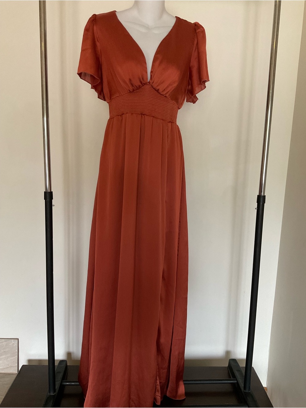 Baltic Born Rust Orange V-Neck Maxi Dress with Smocked Waist